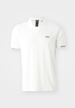 White polo shirt made of smooth fabric, featuring a V-neck, short sleeves, and a black "BOSS" logo on the chest with striped accents on cuffs.