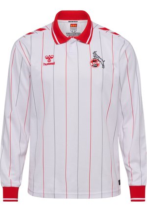 Weißes langärmliges Fußballtrikot mit dünnen roten und schwarzen vertikalen Streifen, rotem Kragen und Bündchen, 1. FC Köln-Logo und Hummel-Markenzeichen.