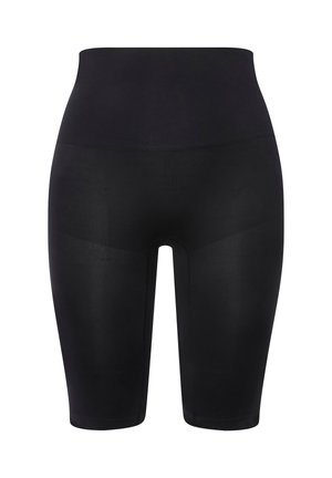 Juodi vientisiūliai dviračių šortai su aukštu liemeniu, lygia, tampria medžiaga ir vidurio šlaunies ilgiu.