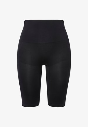 Pantalones cortos de ciclista negros de cintura alta y sin costuras, con una tela suave y elástica y longitud hasta la mitad del muslo.