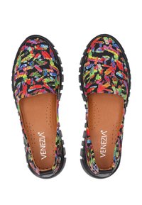 Colorful slip-on shoes with a multi-colored abstract pattern, black side trim, and textured rubber sole. Brown cushioned insole visible.