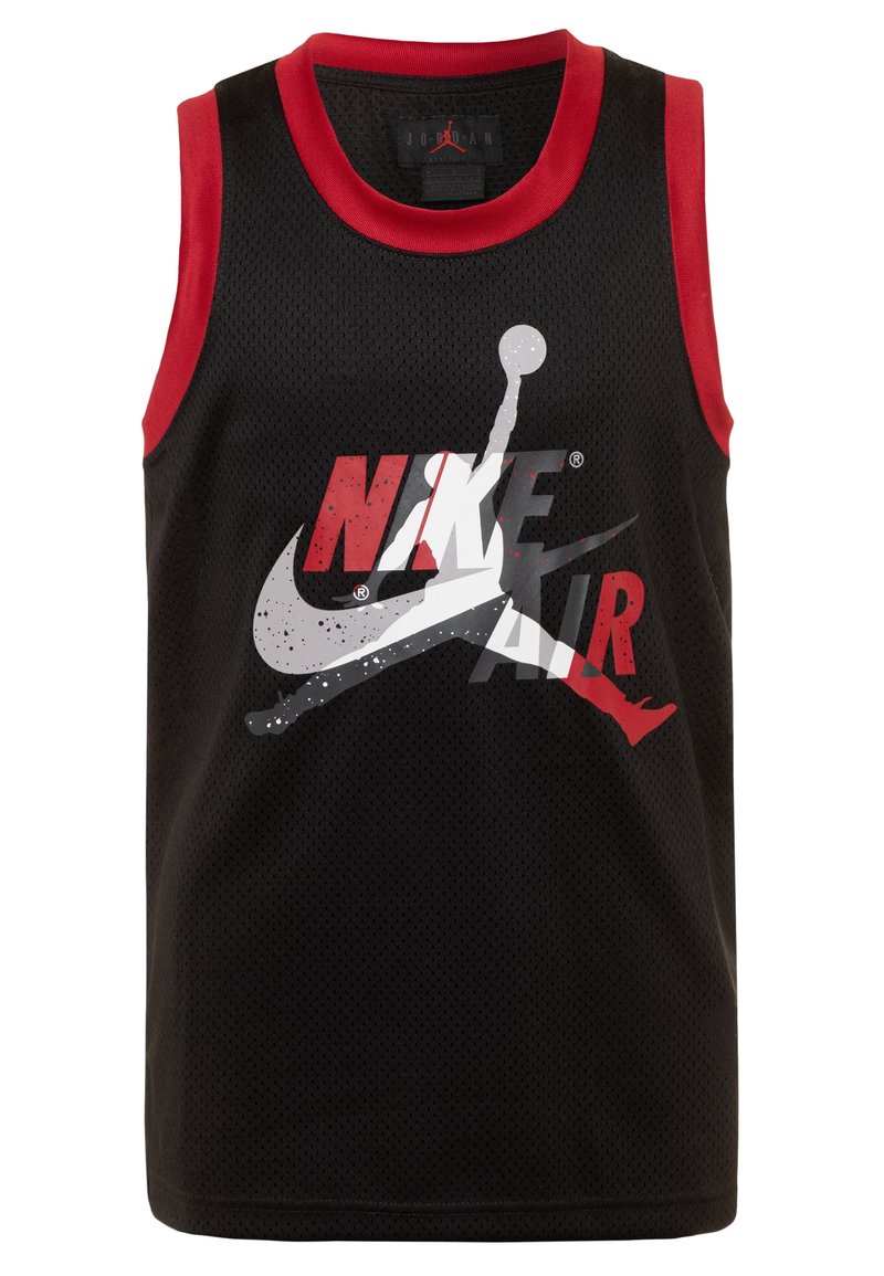Czarny siateczkowy top sportowy z czerwonym wykończeniem, z dużą grafiką logo Nike Air oraz sylwetki Jumpman w odcieniach szarości i czerwieni.