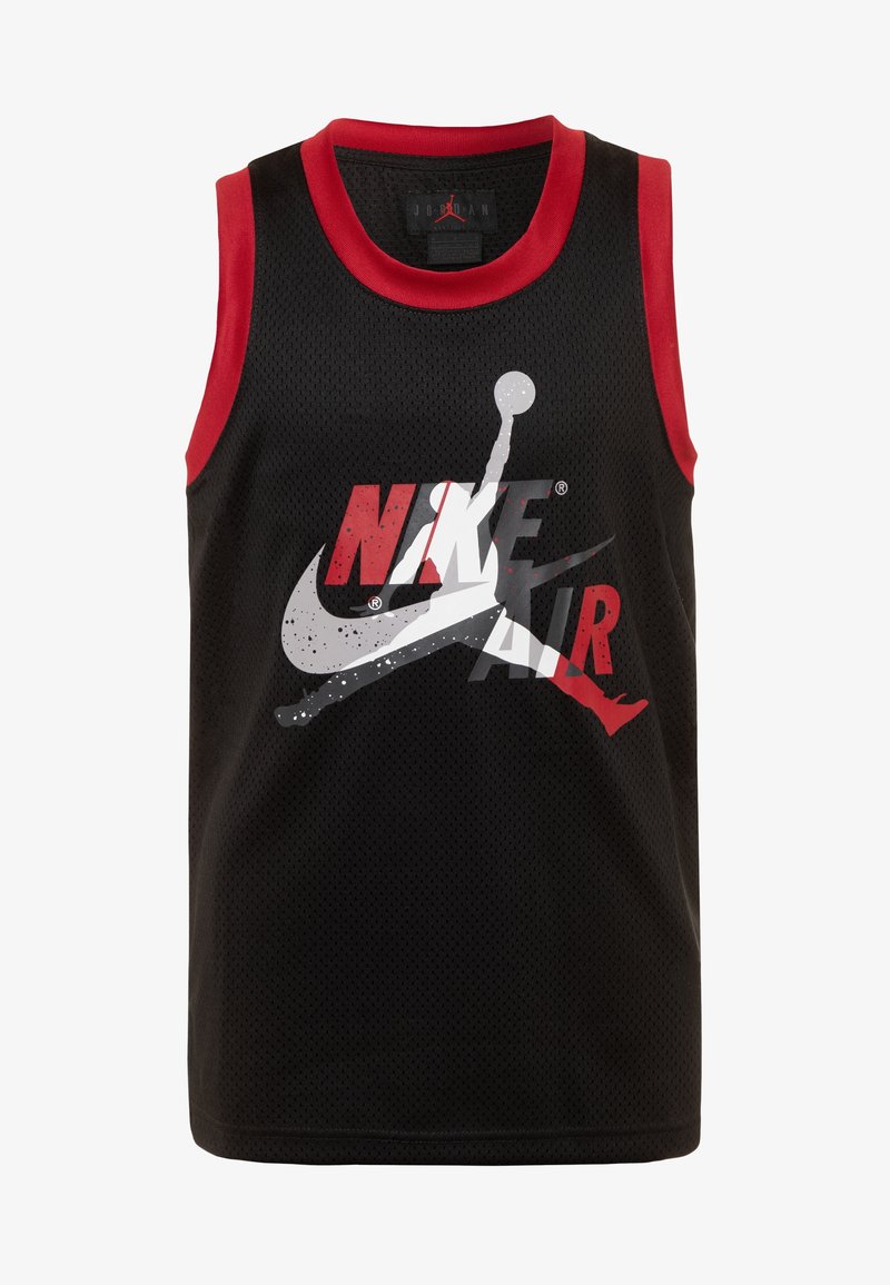 Czarny siateczkowy top sportowy z czerwonym wykończeniem, z dużą grafiką logo Nike Air oraz sylwetki Jumpman w odcieniach szarości i czerwieni.