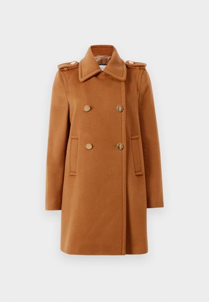 Brown wool coat featuring a double-breasted design, gold-tone buttons, epaulets, and side pockets. Classic collar and straight silhouette.