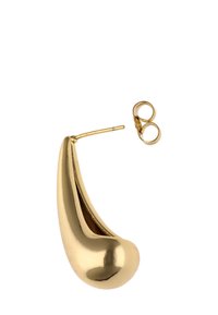 Cercei din metal aurit cu o formă netedă în formă de lacrimă și o finisare lucioasă. Include un suport circular pentru o purtare sigură.