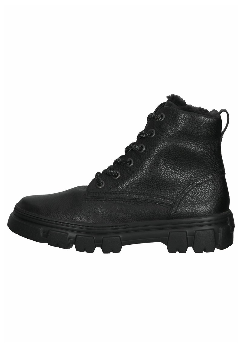Botas de cuero negras hasta el tobillo con una superficie texturizada, suela de goma resistente, cordones en la parte delantera y un collar acolchado para mayor comodidad.
