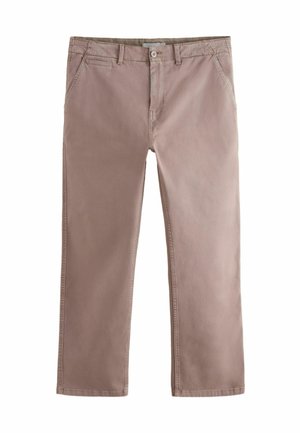 Beige, gerade geschnittene Hose mit vorderer Knopf- und Reißverschluss, Seitentaschen und Gürtelschlaufen, auf weißem Hintergrund abgebildet.