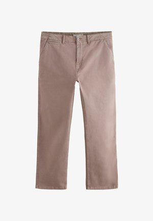 Beige, gerade geschnittene Hose mit vorderer Knopf- und Reißverschluss, Seitentaschen und Gürtelschlaufen, auf weißem Hintergrund abgebildet.