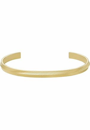 Goldener Armreif mit einer glatten, runden Form und einem strukturierten, diagonalen Muster entlang des Randes, mit einem offenen Design für einfaches Tragen.