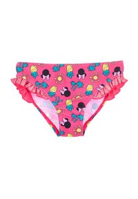 Bañador de color rosa con patrones coloridos de piñas, sol y flores. Presenta lados con volantes y una tela suave y elástica.