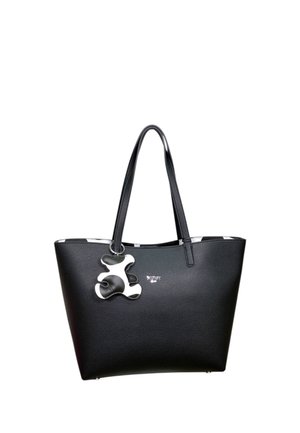 Borsa tote in pelle nera testurizzata con due manici e ciondolo astratto bianco e nero attaccato.