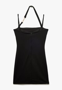 Musta mekko ohutolkaimilla, suora leikkaus, teksturoitu kangas ja selässä vetoketjukiinnitys. Ei koristeita tai kuvioita.