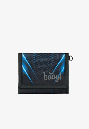 Black wallet featuring a hexagonal textured pattern with blue accents, an elastic closure, and the brand name "baagl" in gray.