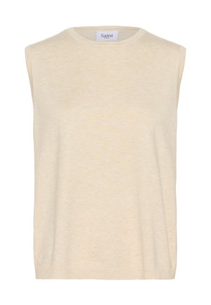 Sleeveless beige knit sweater vest with a round neckline and ribbed hem, labeled Saint Tropez inside the collar.