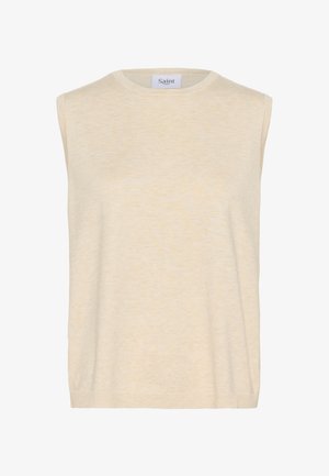 Sleeveless beige knit sweater vest with a round neckline and ribbed hem, labeled Saint Tropez inside the collar.