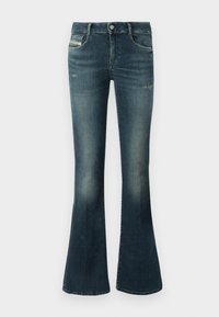 Dark blue flared jeans with subtle fading and whiskering, front button and zipper closure, and front and back pockets.