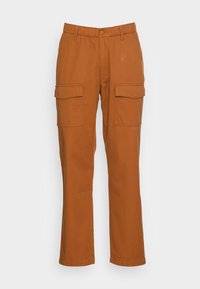 Cargo-Hosen aus rost-orangefarbenem Stoff, mit zwei großen Seitentaschen, geradem Bein-Design und einem elastischen Bund mit Knopfverschluss.