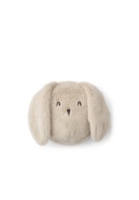 Soft beige plush bunny head with long floppy ears, simple embroidered closed eyes, and a small black nose on a white background.