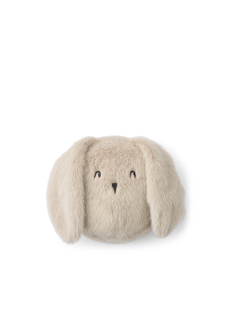 Soft beige plush bunny head with long floppy ears, simple embroidered closed eyes, and a small black nose on a white background.