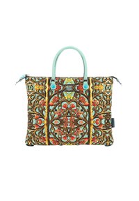 Borsa a tracolla con motivi floreali e uccelli ornati in tonalità calde, con manici azzurri chiari e dettagli della cerniera su un materiale resistente.