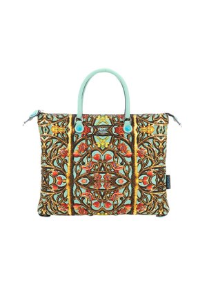 Borsa a tracolla con motivi floreali e uccelli ornati in tonalità calde, con manici azzurri chiari e dettagli della cerniera su un materiale resistente.