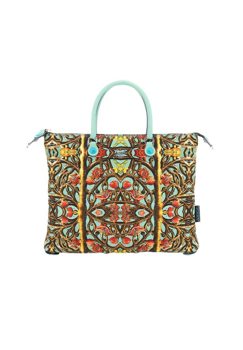 Borsa a tracolla con motivi floreali e uccelli ornati in tonalità calde, con manici azzurri chiari e dettagli della cerniera su un materiale resistente.