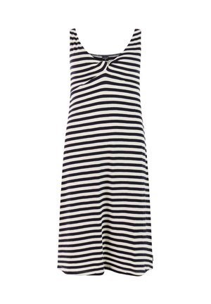 Haljina bez rukava do koljena s crno-bijelim horizontalnim prugama i lagano uvijenim dekolteom.