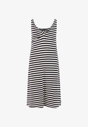 Ärmelloses knielanges Kleid mit schwarzen und weißen horizontalen Streifen und einem leicht verdrehten Ausschnitt.