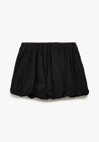 Falda burbuja negra hecha de tela ligera, con una cinturilla elástica y diseño fruncido para una forma volumétrica.