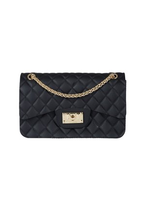 Borsa a tracolla nera trapuntata con catena dorata, caratterizzata da una chiusura rettangolare e una texture liscia, con cuciture a motivo a diamante.