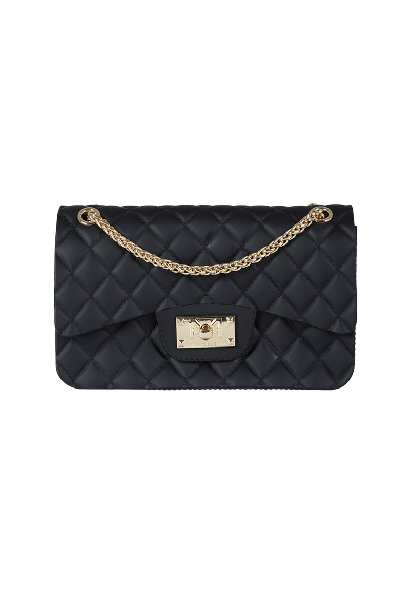 Borsa a tracolla nera trapuntata con catena dorata, caratterizzata da una chiusura rettangolare e una texture liscia, con cuciture a motivo a diamante.