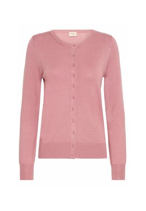 Roze, langwerpige cardigan van zachte brei met een ronde halslijn, knopen aan de voorkant en ribbels bij de manchet en de zoom.