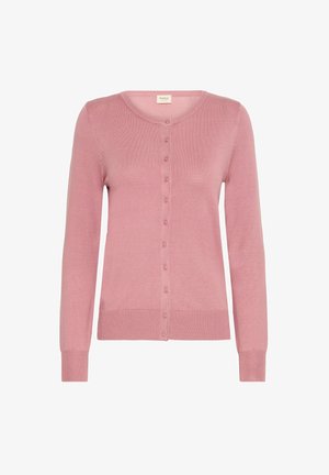 Cardigan roz, cu mâneci lungi, realizat din tricot moale, cu gât rotund, închidere cu nasturi pe față și manșete și tiv ondulate.