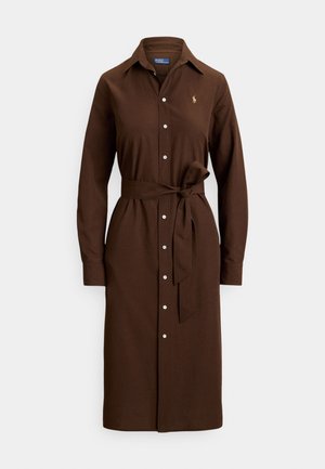 Long-sleeve brown shirt dress with buttons down the front, a fabric belt tied at the waist, and a small yellow embroidered logo on the chest.