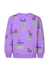 Lila sweatshirt med ett grått tekanna- och blommönster i orange, lila och blått, med ribbade ärmslut och halsringning för komfort.