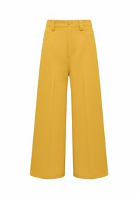 Pantaloni a gamba larga in giallo brillante, realizzati in tessuto liscio. Presentano una chiusura frontale con bottoni, passanti per cintura e due tasche laterali.