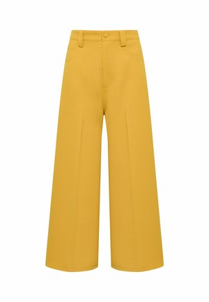 Pantaloni a gamba larga in giallo brillante, realizzati in tessuto liscio. Presentano una chiusura frontale con bottoni, passanti per cintura e due tasche laterali.
