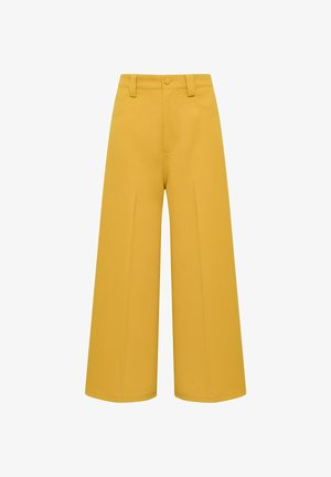 Wide-leg pants in bright yellow, made of smooth fabric. Features a front button closure, belt loops, and two side pockets.
