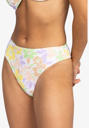 Blommig bikiniunderdel i pastellfärger med högskuren design. Har ett mjukt tyg med en blandning av gula, lavendelfärgade och gröna mönster.