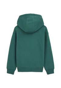 Vihreä huppari yksinkertaisella designilla, jossa on huppu, pitkät hihat, ribbaus hihansuissa ja pehmeä kangas. Ei grafiikkaa tai koristeluja.