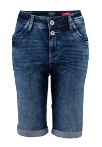 Dunkelblaue Jeansshorts im Boyfriend-Schnitt. Mit umgeschlagenen Säumen, zwei Fronttaschen und einem doppelten Knopfverschluss an der Taille.