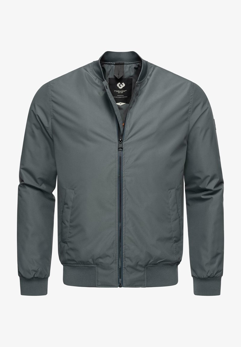 Chaqueta bomber gris con cierre de cremallera en la parte delantera, cuello redondeado, bolsillos laterales y puños y dobladillo acanalados. Fabricada con una tela suave y liviana.