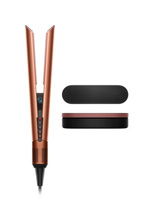 Piastra per capelli di colore rame con un design elegante, dotata di un'interfaccia digitale e tre pulsanti. Include una custodia nera.