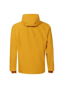 Gelbe wasserdichte Jacke mit Kapuze, aus leichtem Material, langen Ärmeln und einem einfachen, klaren Design. Keine sichtbaren Beschläge.