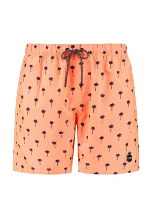 Ryškiai oranžinės maudymosi šortai su juodais palmių medžių raštais, elastinga juosmens juosta ir raišteliu. Priekyje yra logotipo pleistras.