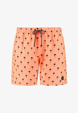 Bright orange peldies ar melniem palmu koka zīmējumiem, elastīga josta un aukla. Priekšpusē ir logotipa uzlīme.