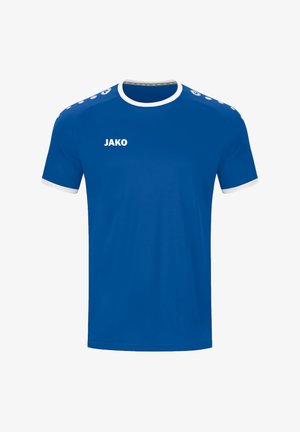 Blaues Sporttrikot mit kurzen Ärmeln aus leichtem Stoff. Mit weißen Akzenten am Kragen und an den Ärmeln, sowie dem "JAKO"-Logo auf der Vorderseite.