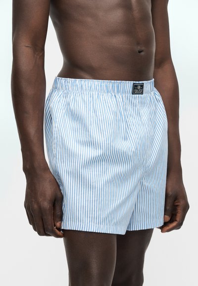 Ανδρικός κορμός με σκουρόχρωμο δέρμα, ντυμένος με σορτς σε ανοιχτό μπλε και λευκό με κάθετες ρίγες, με ελαστική μέση και μια μικρή μαύρη ετικέτα μπροστά.