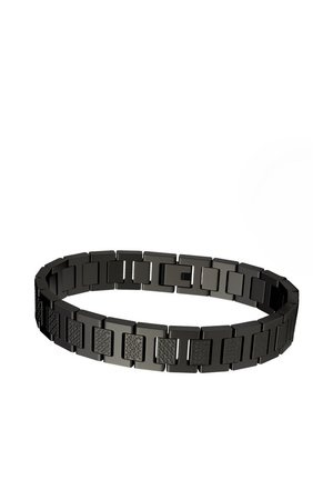 Schwarzes Metallglied-Armband mit abwechselnden glatten und strukturierten rechteckigen Segmenten, die eine geschlossene Schleife bilden.