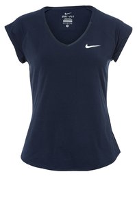 Marinblå Nike Dri-FIT kortärmad träningströja med V-ringning och vit Nike swoosh-logotyp på vänster bröst.